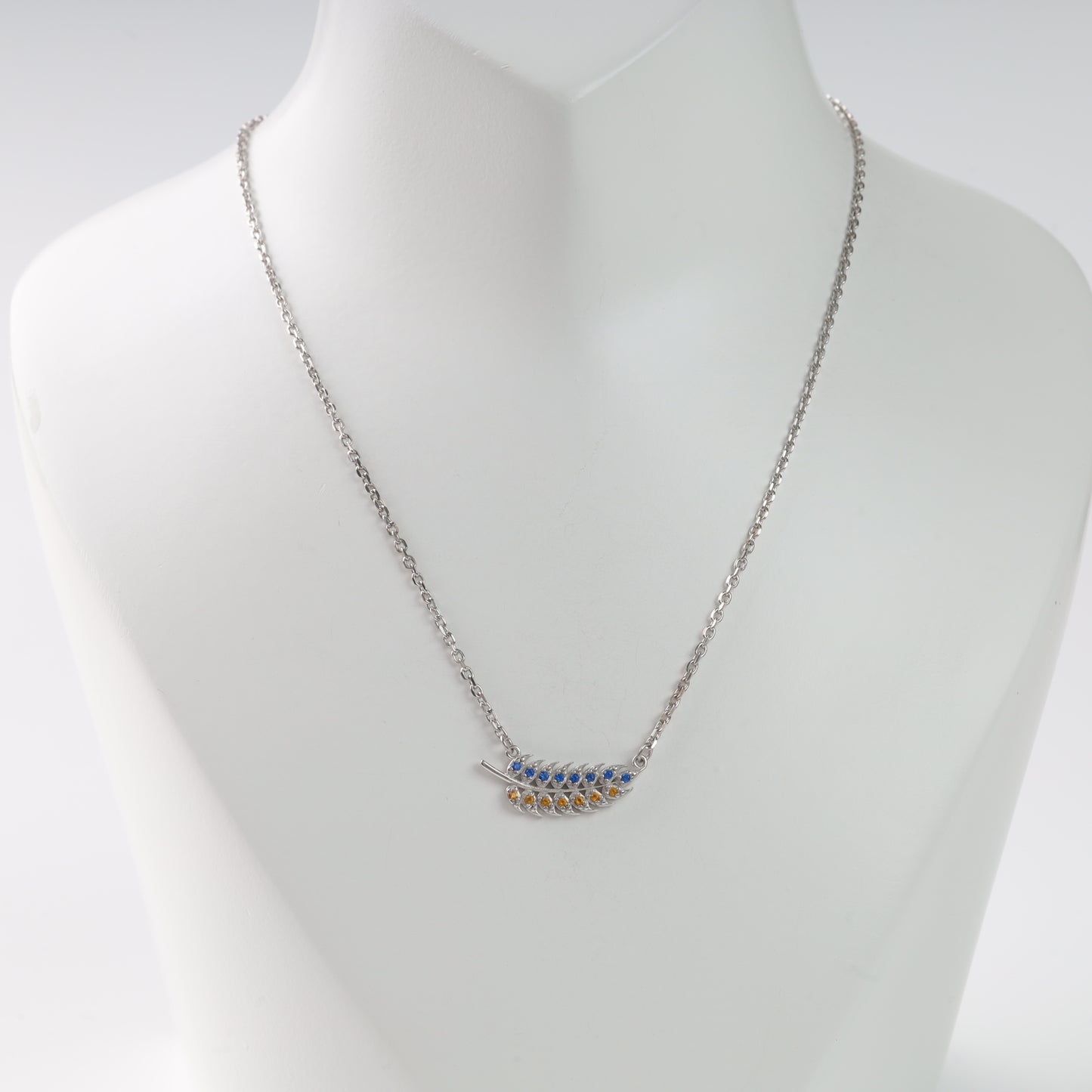 Silver wheat pendant necklace blue yellow CZ Ukrainian flag - Kabluchka Jewelry Store