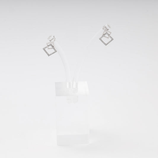 White gold 585 double square stud earrings with CZ on display stand — Kabluchka