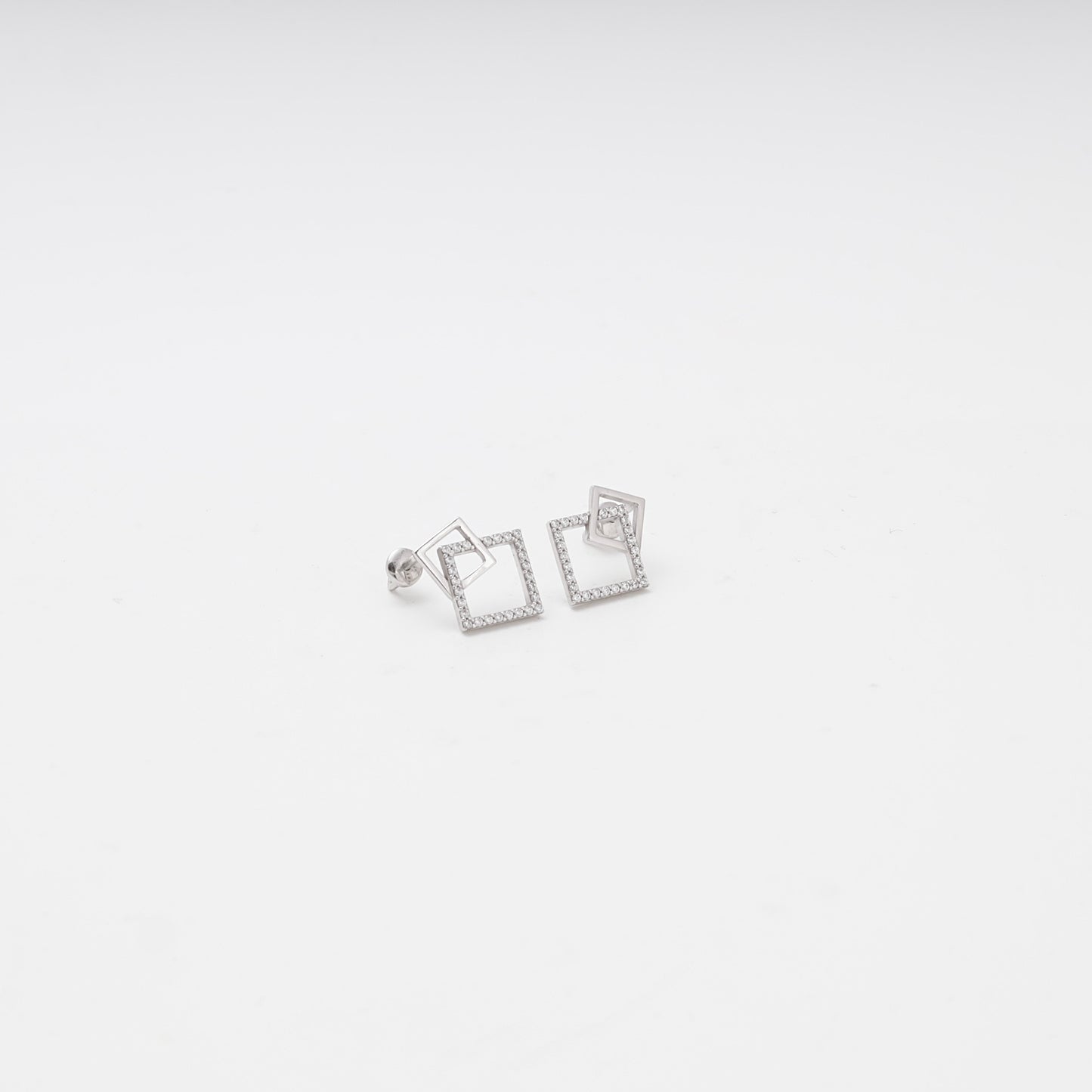 White gold geometric double square earrings with cubic zirconia, front view — Kabluchka