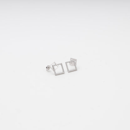 White gold geometric double square earrings with cubic zirconia, front view — Kabluchka