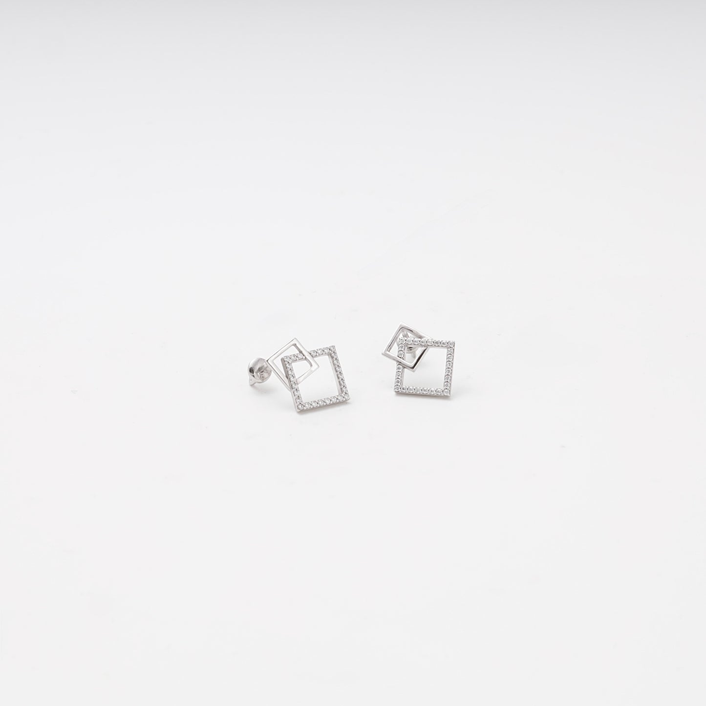 White gold double square stud earrings with CZ, front view showing push-back — Kabluchka