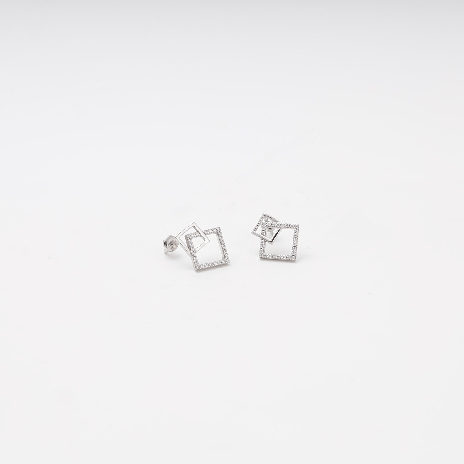 White gold double square stud earrings with CZ, front view showing push-back — Kabluchka