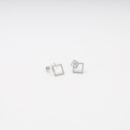 White gold double square stud earrings with CZ, front view showing push-back — Kabluchka