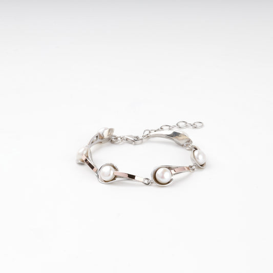 Rhodium-plated Silver 925 and Gold 375 pearl link bracelet — front view — Kabluchka