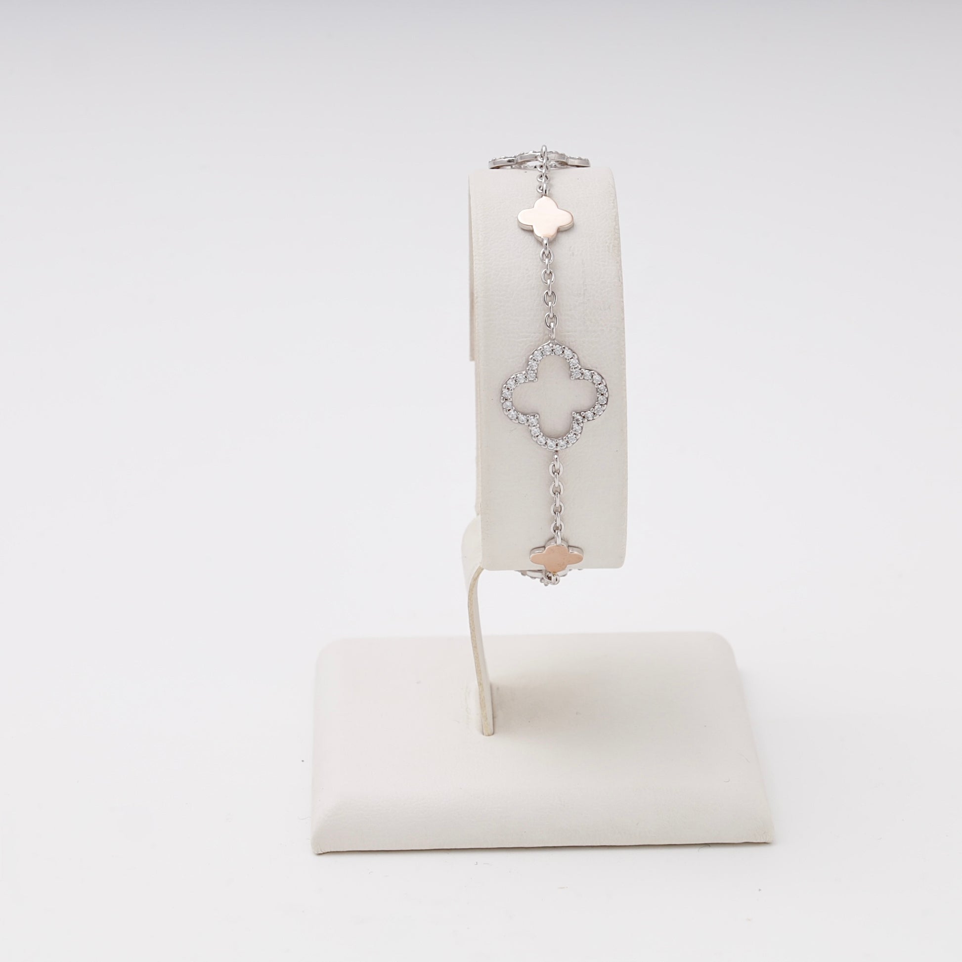 Silver 925 Station Bracelet Clover CZ Rose Gold flat lay — Kabluchka