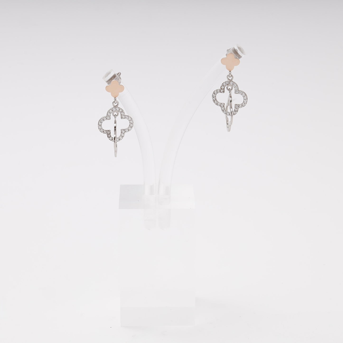 Silver 925 two-tone double clover drop earrings with CZ — view 1 — Kabluchka