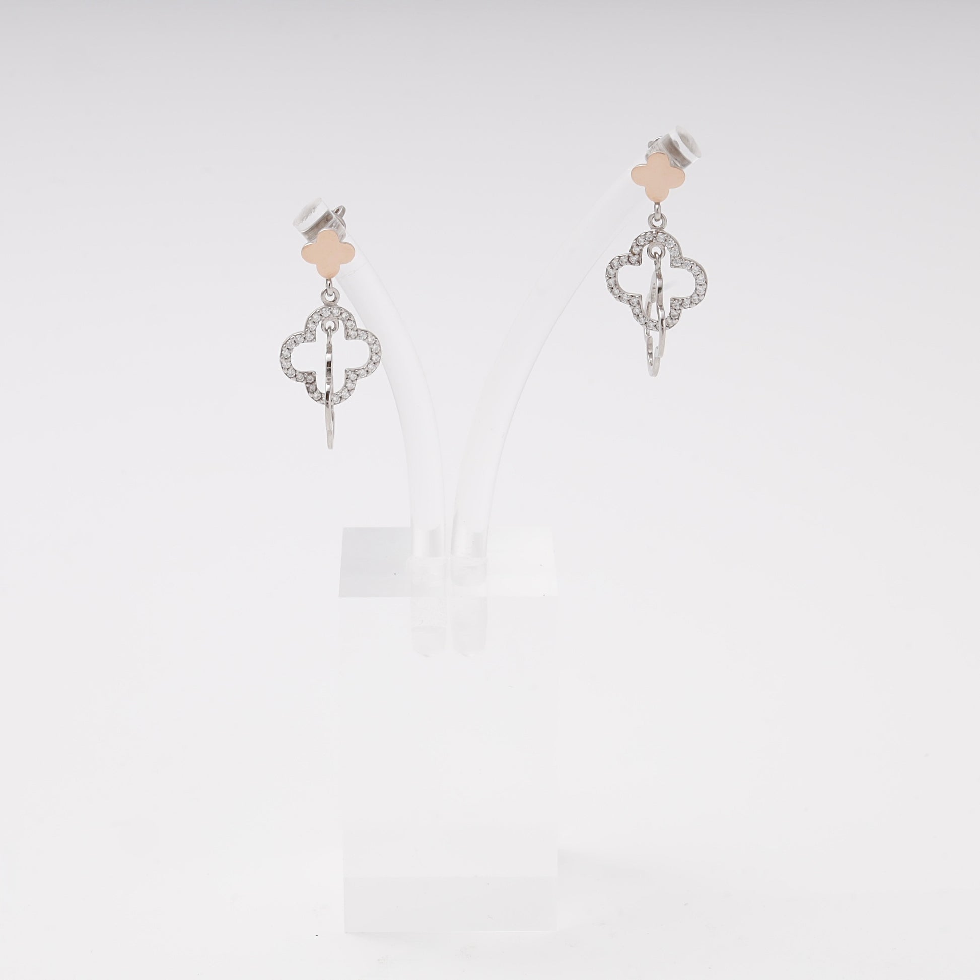Silver 925 two-tone double clover drop earrings with CZ — view 1 — Kabluchka