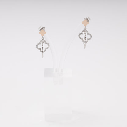 Silver 925 two-tone double clover drop earrings with CZ — view 1 — Kabluchka