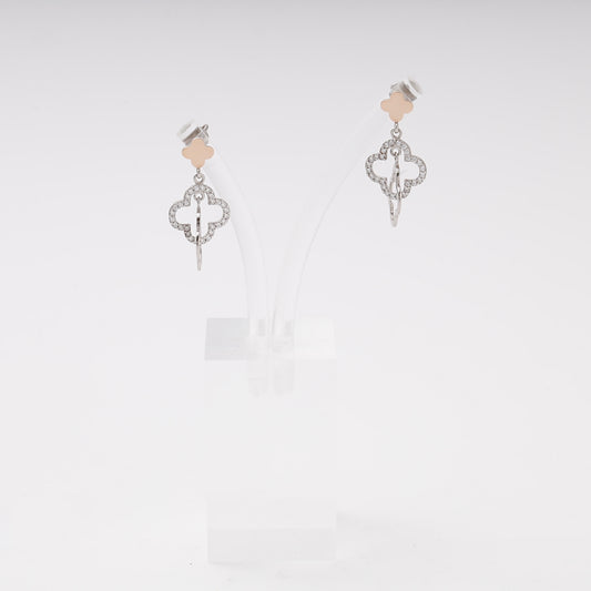 Silver 925 two-tone double clover drop earrings with CZ — view 1 — Kabluchka