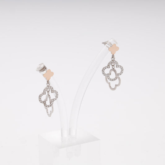 Silver 925 two-tone double clover drop earrings with CZ — view 2 — Kabluchka