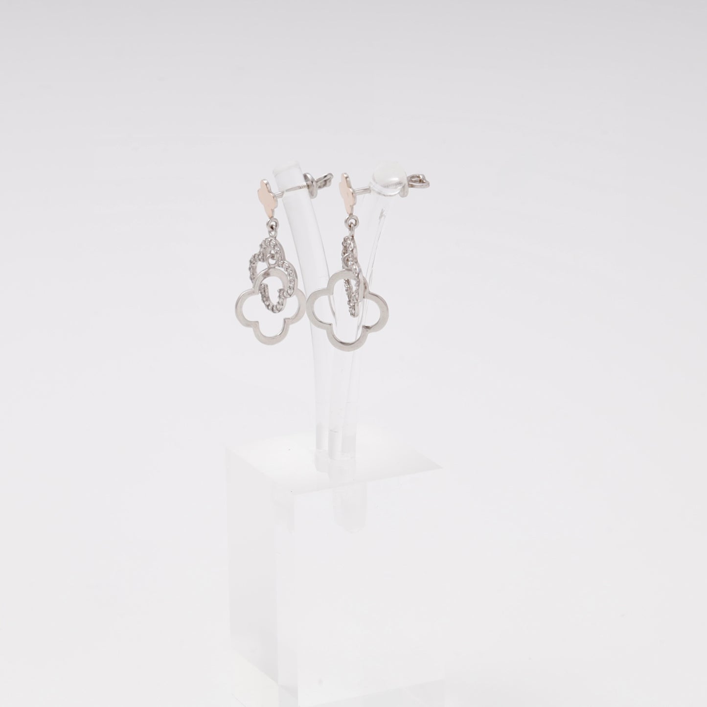 Silver 925 two-tone double clover drop earrings with CZ — view 4 — Kabluchka