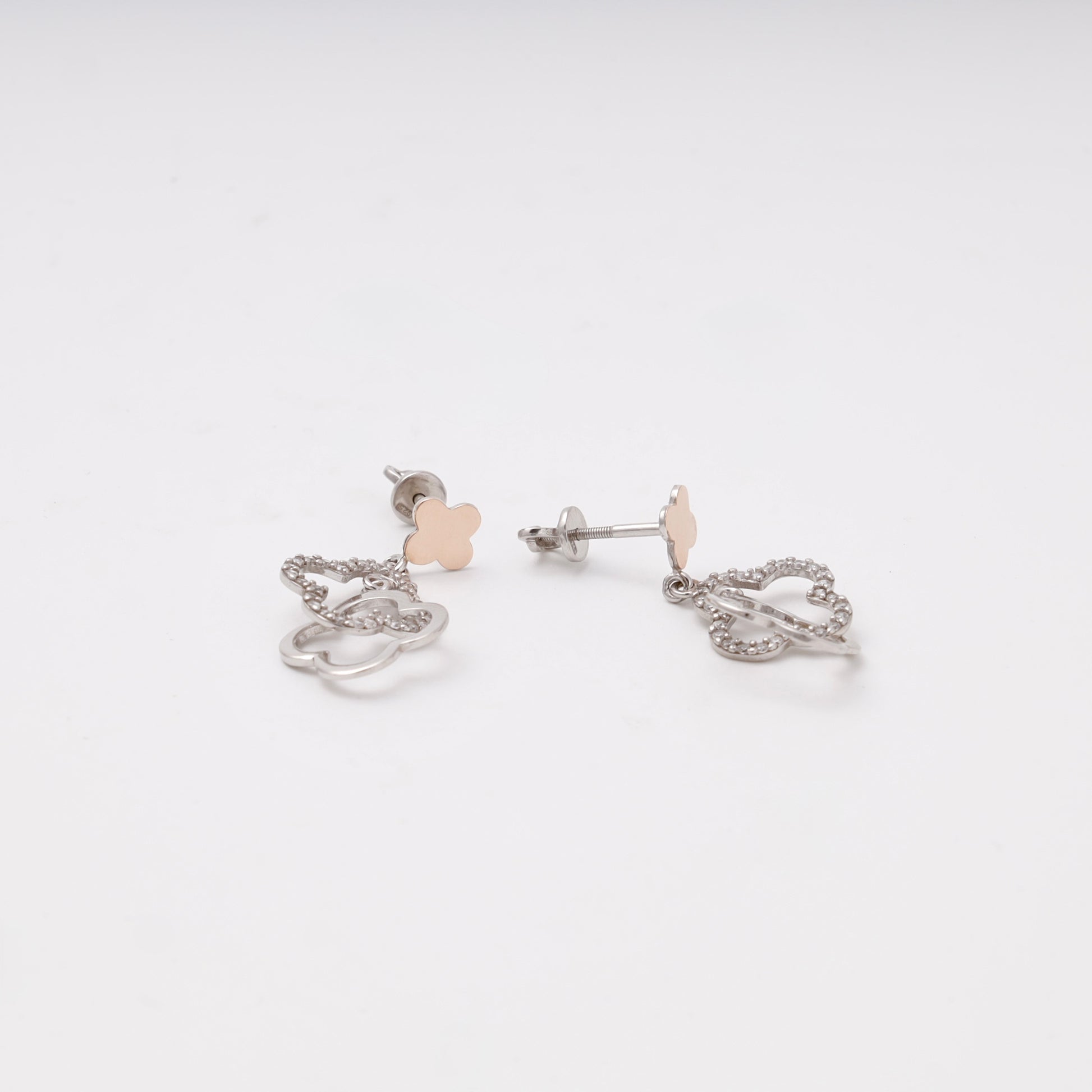 Silver 925 two-tone double clover drop earrings with CZ — view 3 — Kabluchka