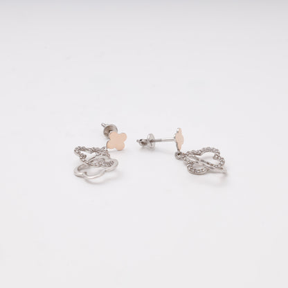 Silver 925 two-tone double clover drop earrings with CZ — view 3 — Kabluchka