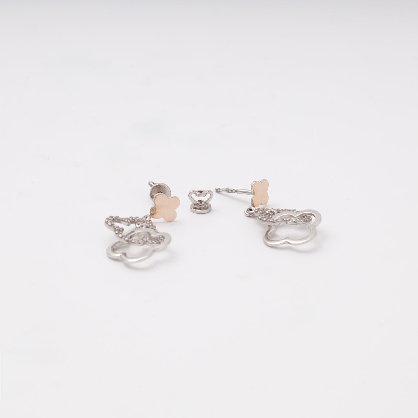 Silver 925 two-tone double clover drop earrings with CZ — view 5 — Kabluchka