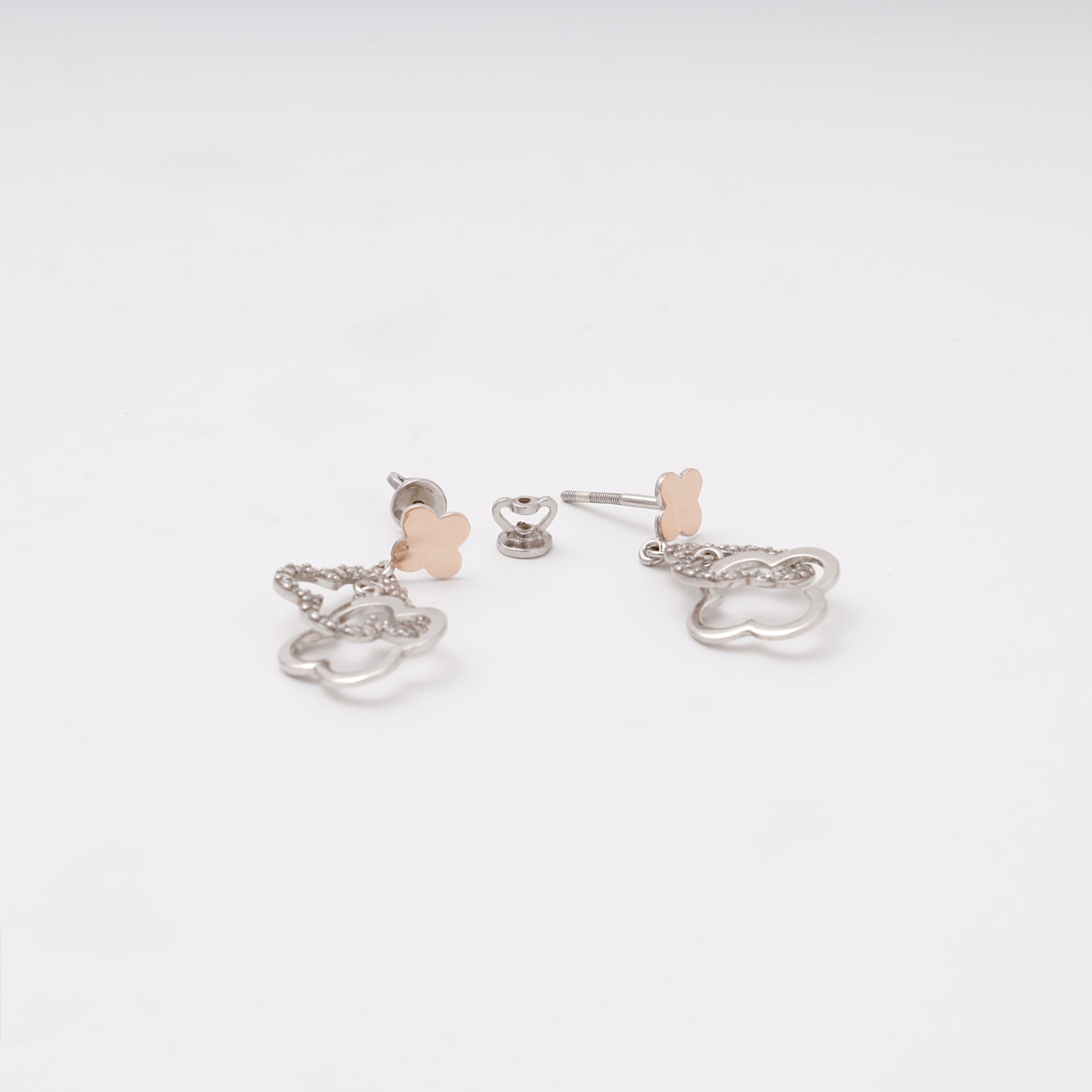 Silver 925 two-tone double clover drop earrings with CZ — view 5 — Kabluchka