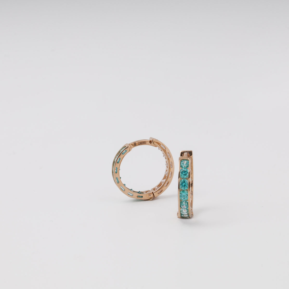 Rose gold mint cubic zirconia huggie earrings — side profile — Kabluchka