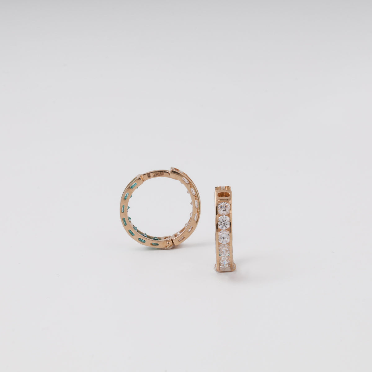 Rose gold clear cubic zirconia huggie earrings — side profile — Kabluchka
