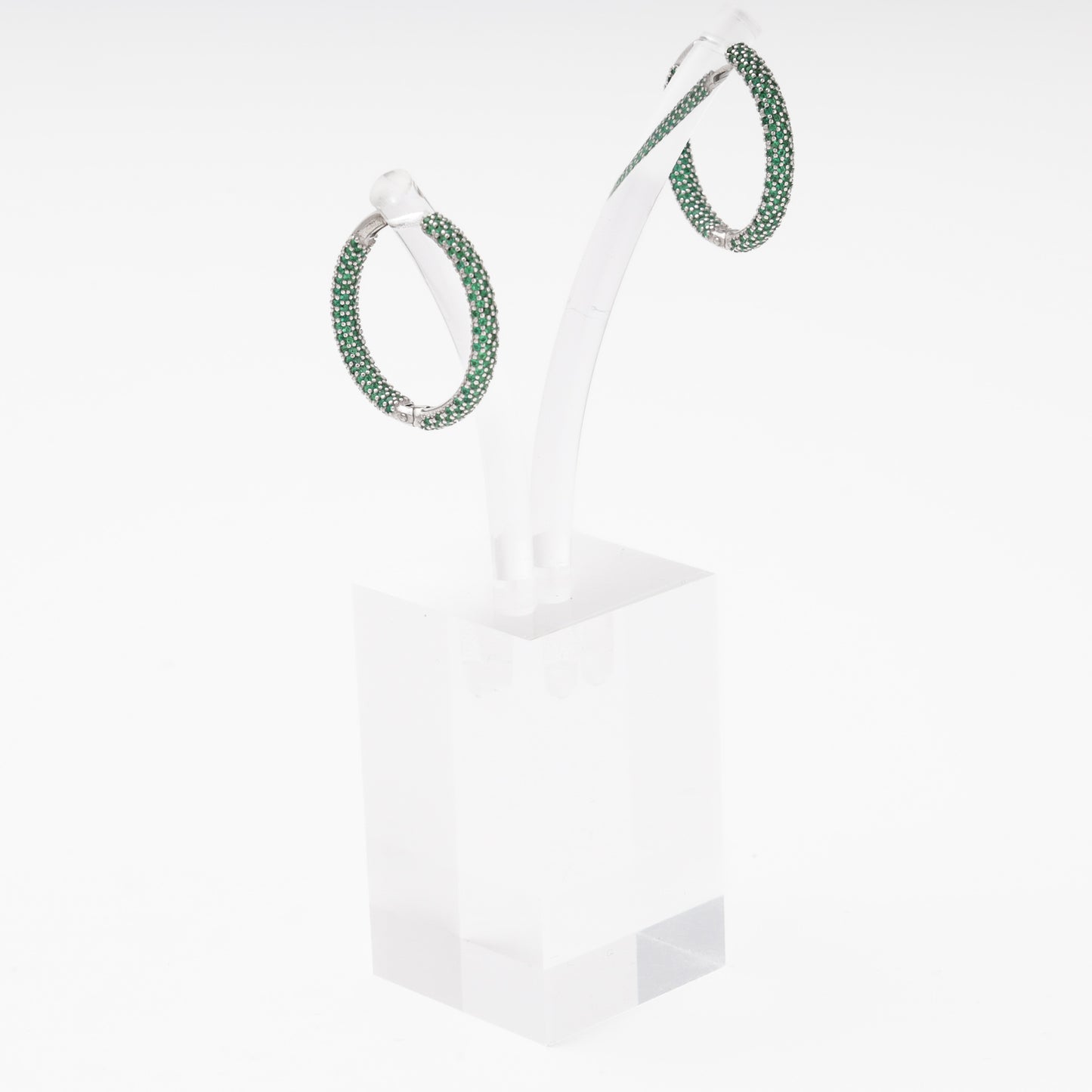 Silver 925 Rhodium Large Hoop Earrings Green CZ on stand — Kabluchka