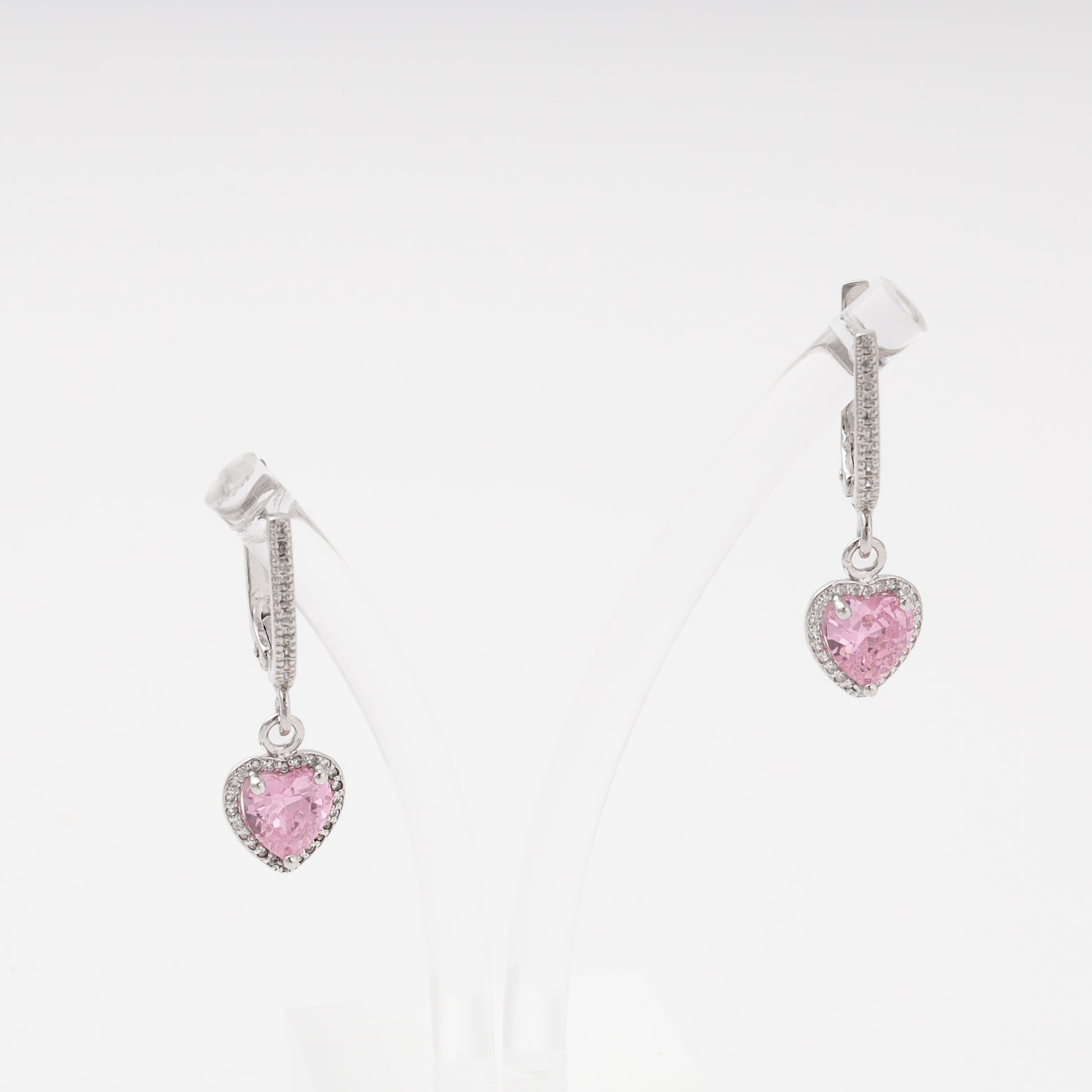 Silver 925 Drop Earrings with Pink CZ Heart Pendant — Kabluchka