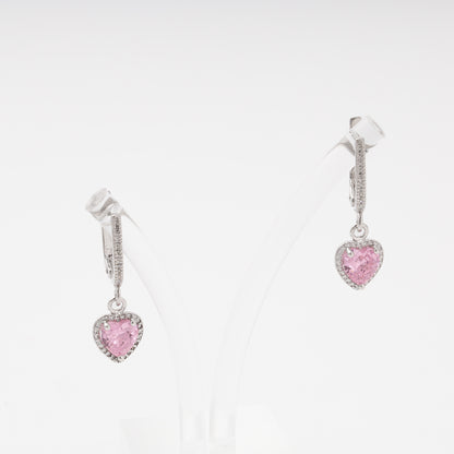 Silver 925 Drop Earrings with Pink CZ Heart Pendant — Kabluchka