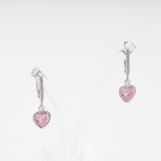 Silver 925 Drop Earrings with Pink CZ Heart Pendant — Kabluchka