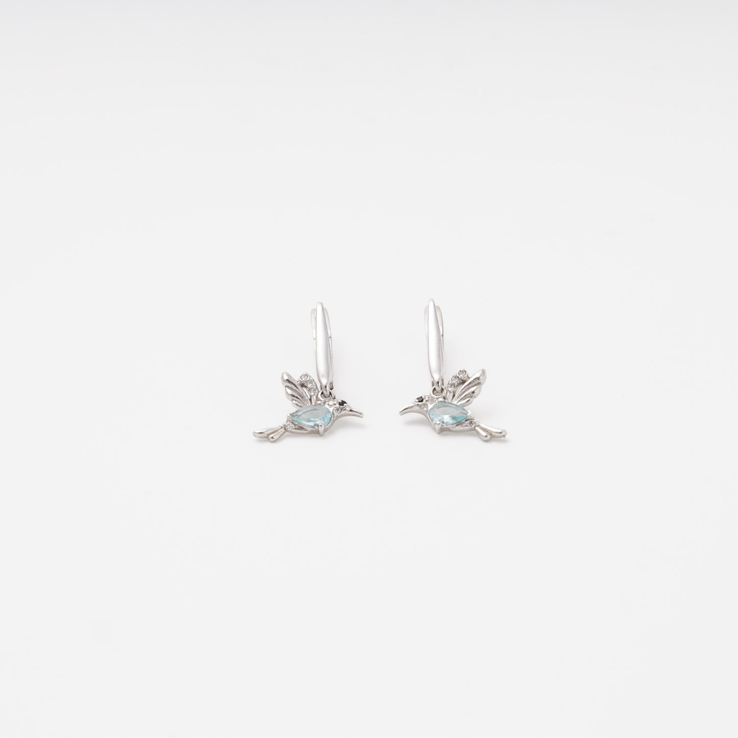 Silver 925 hummingbird earrings with blue cubic zirconia, front view — Kabluchka