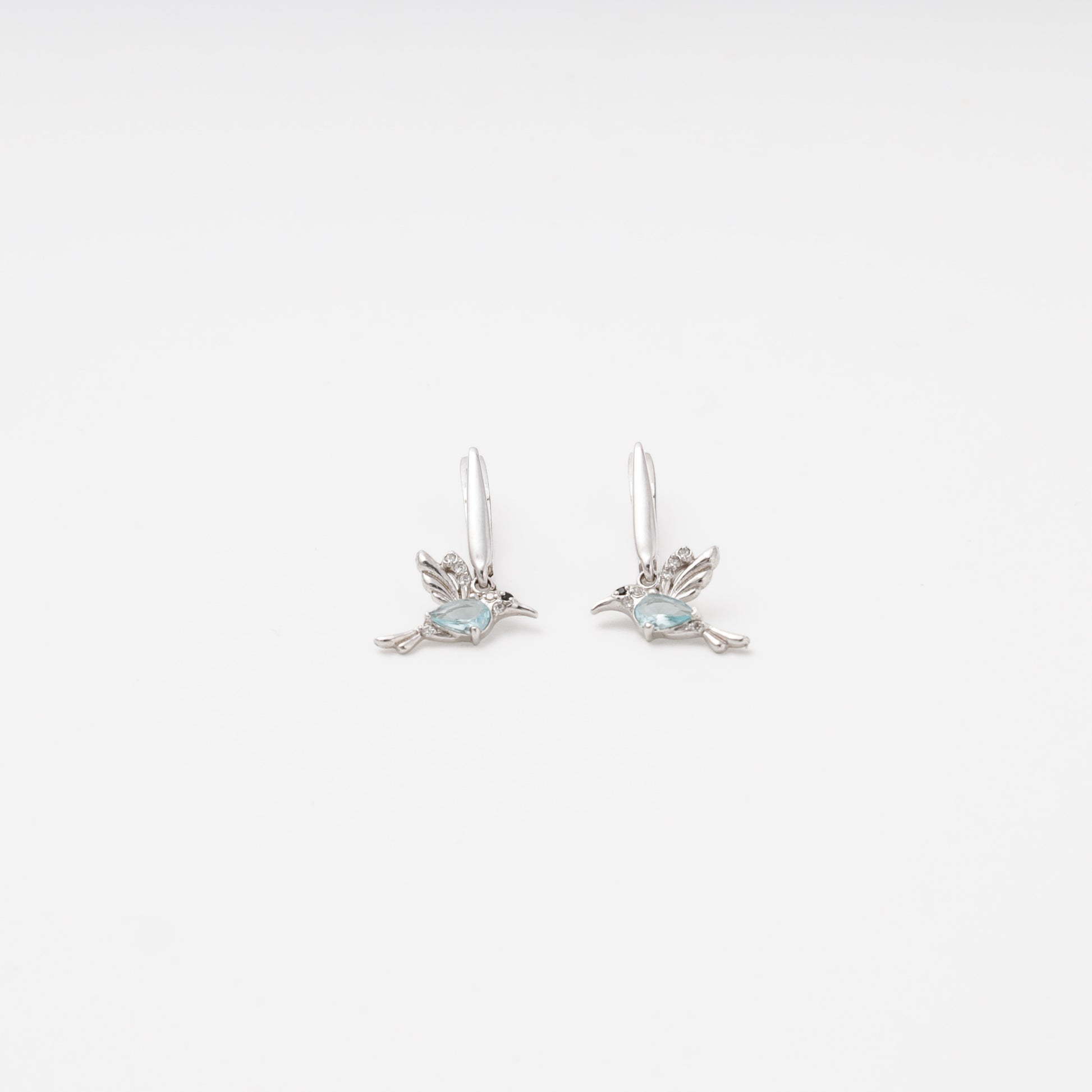Silver 925 hummingbird earrings with blue cubic zirconia, front view — Kabluchka