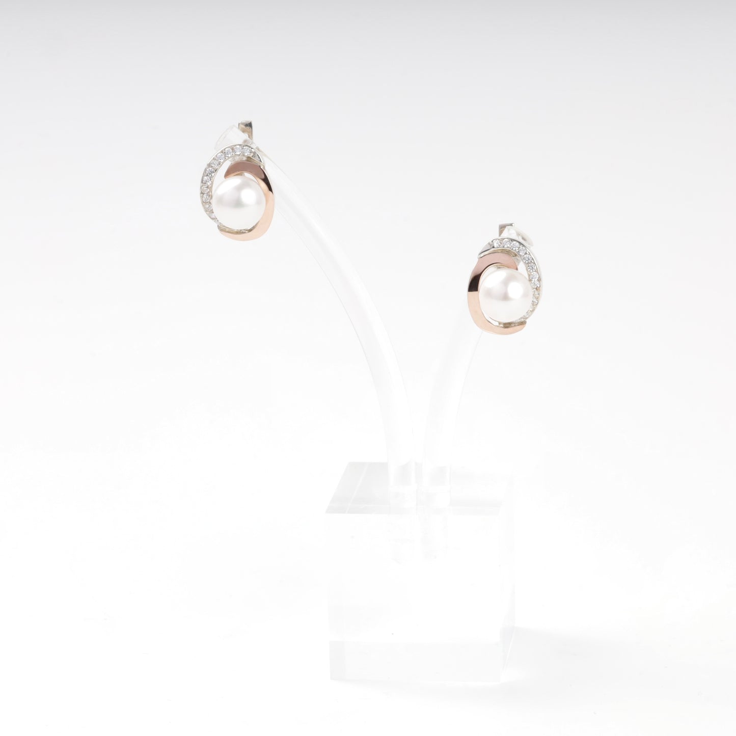 Pearl and cubic zirconia earrings with English locks — angled view — Kabluchka