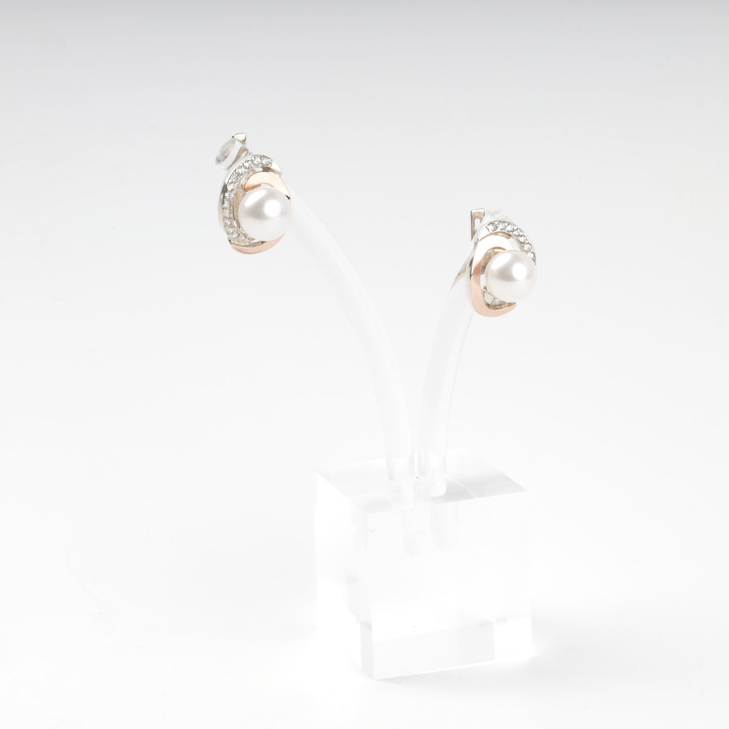 Silver 925 and Gold 375 pearl and cubic zirconia drop earrings — front view — Kabluchka