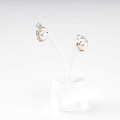 Silver 925 and Gold 375 pearl and cubic zirconia drop earrings — front view — Kabluchka