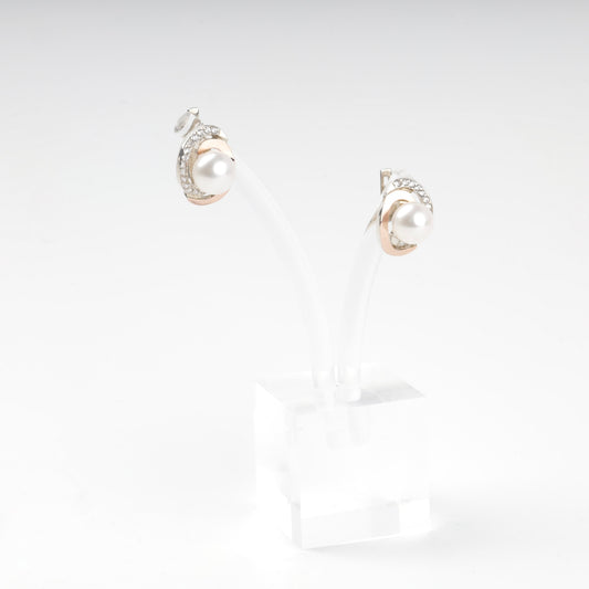Silver 925 and Gold 375 pearl and cubic zirconia drop earrings — front view — Kabluchka