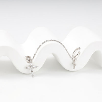 Silver 925 cross chain ear cuff earring with cubic zirconia — Kabluchka