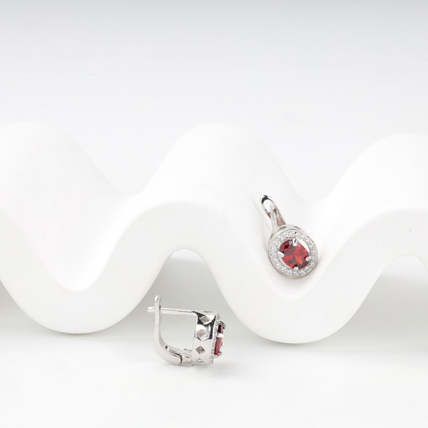 Silver 925 halo earrings with red CZ, front and side view — Kabluchka