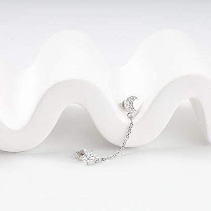 Silver 925 moon and star chain stud earrings with cubic zirconia — Kabluchka