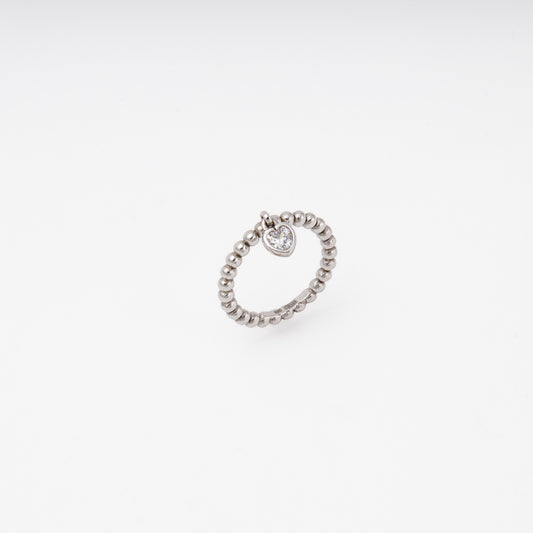Silver ring with beaded band and heart charm angled view — Kabluchka