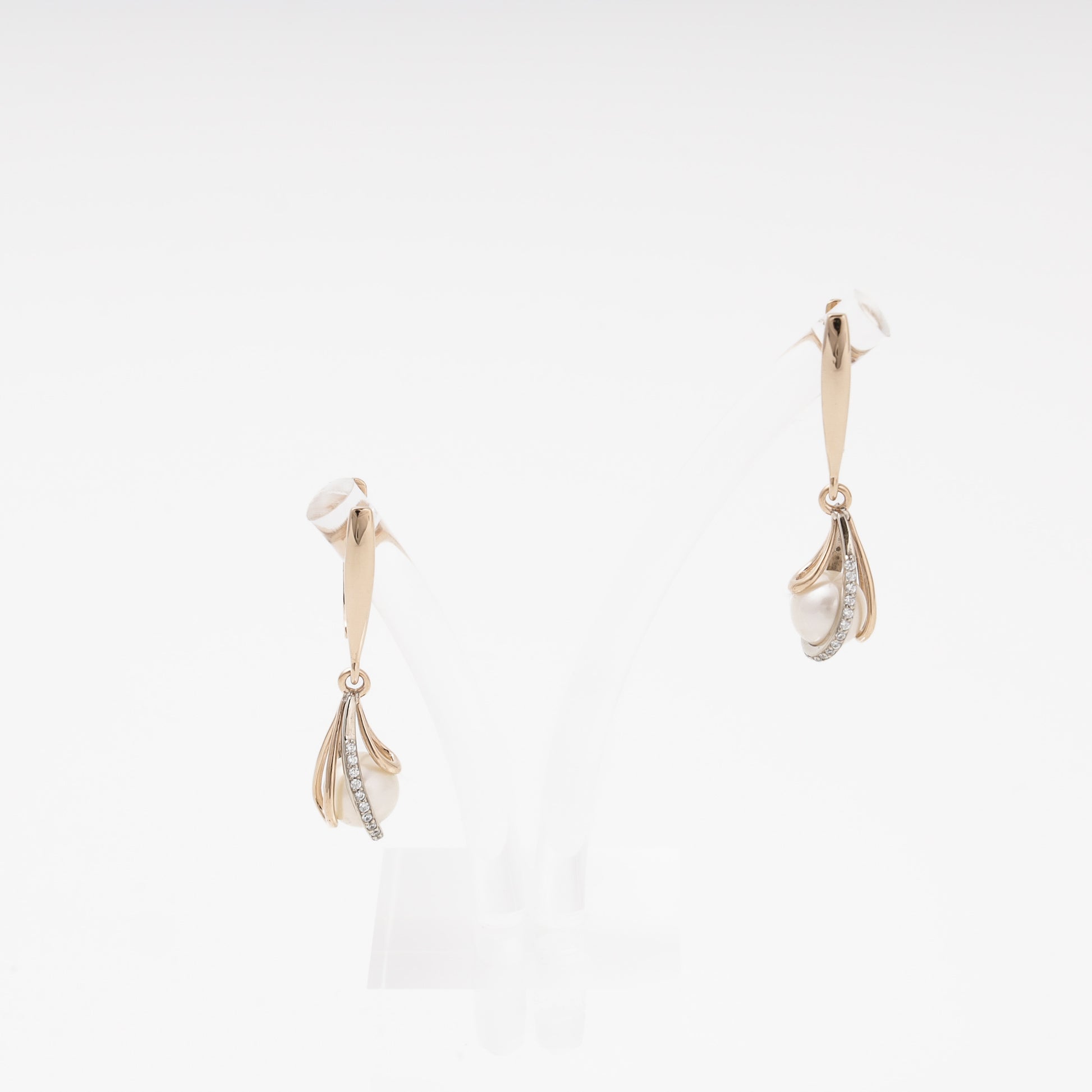 Rose Gold 585 14K Drop Earrings with Pearl and CZ — Kabluchka