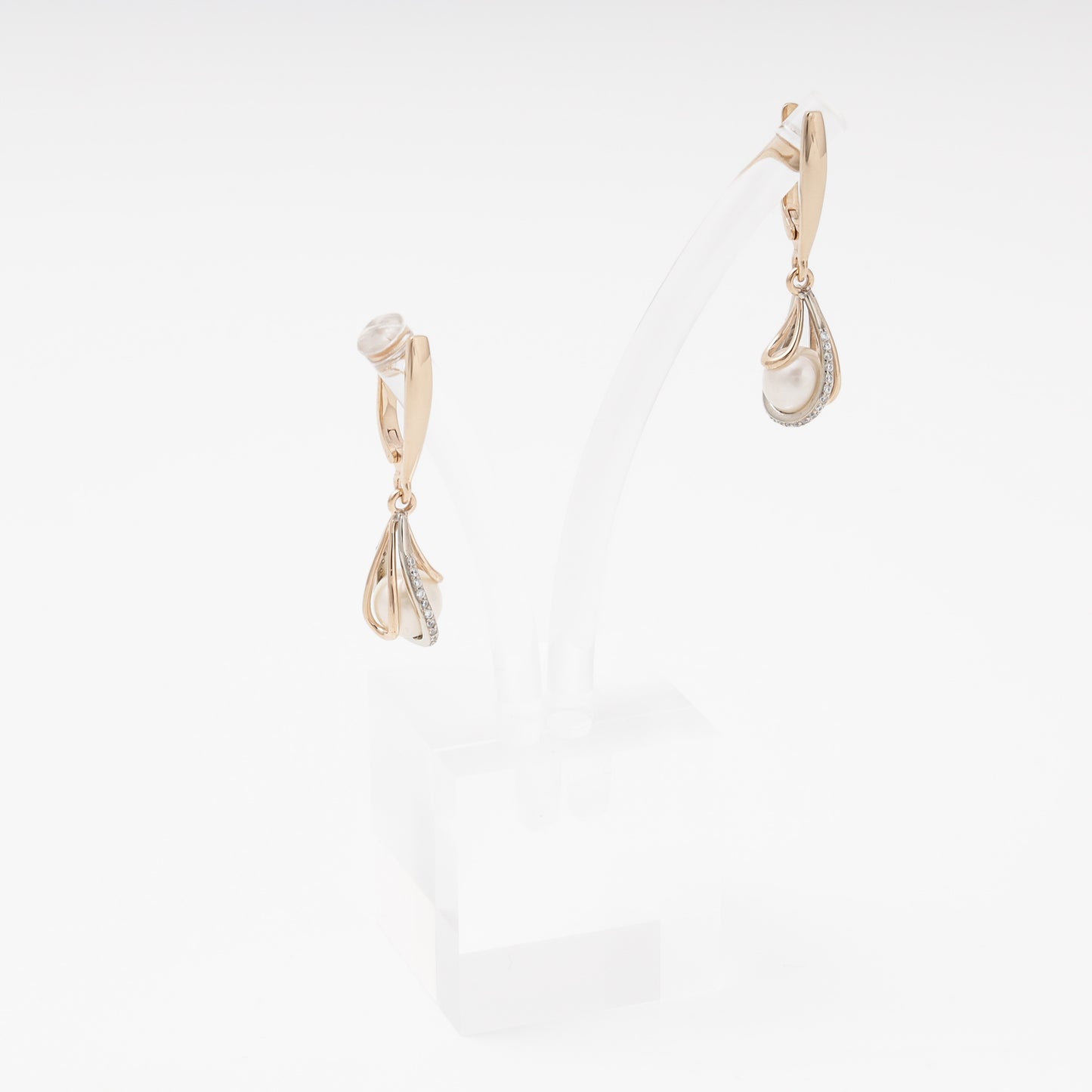 Rose Gold 585 14K Drop Earrings with Pearl and CZ — Kabluchka