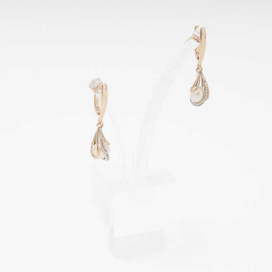 Rose Gold 585 14K Drop Earrings with Pearl and CZ — Kabluchka
