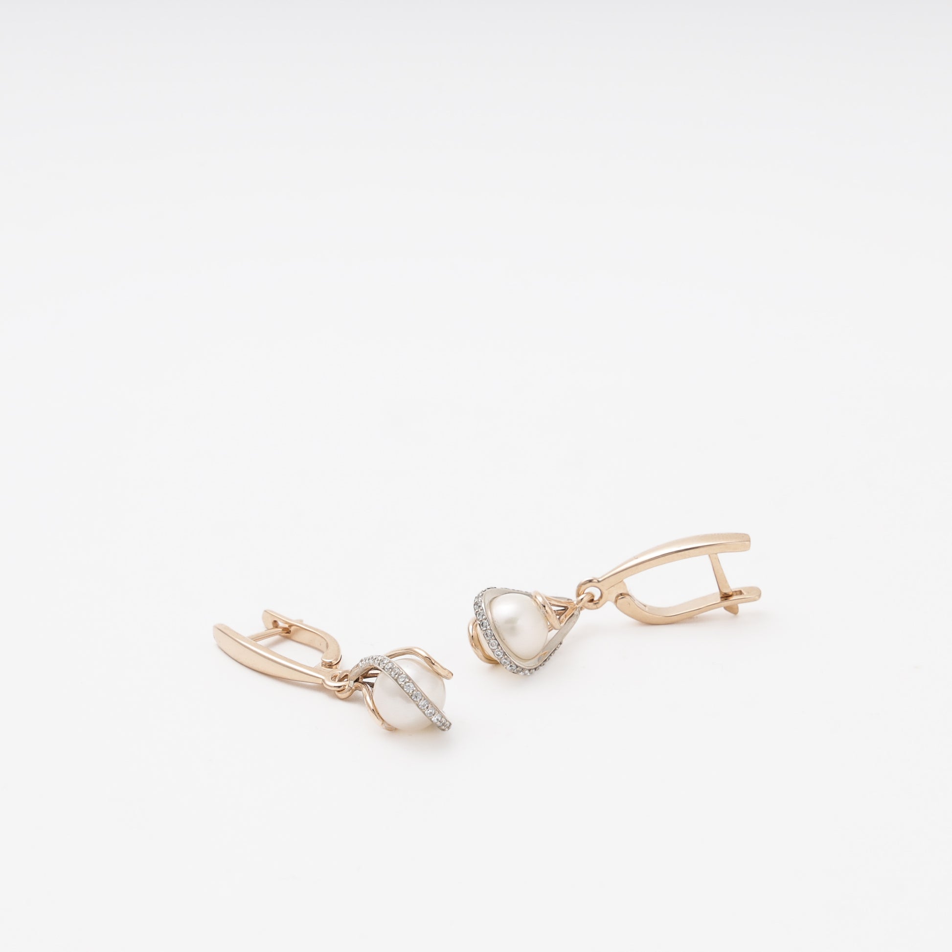 Rose Gold 585 14K Drop Earrings with Pearl and CZ — Kabluchka