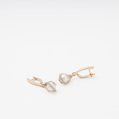 Rose Gold 585 14K Drop Earrings with Pearl and CZ — Kabluchka