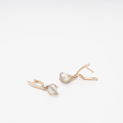 Rose Gold 585 14K Drop Earrings with Pearl and CZ — Kabluchka