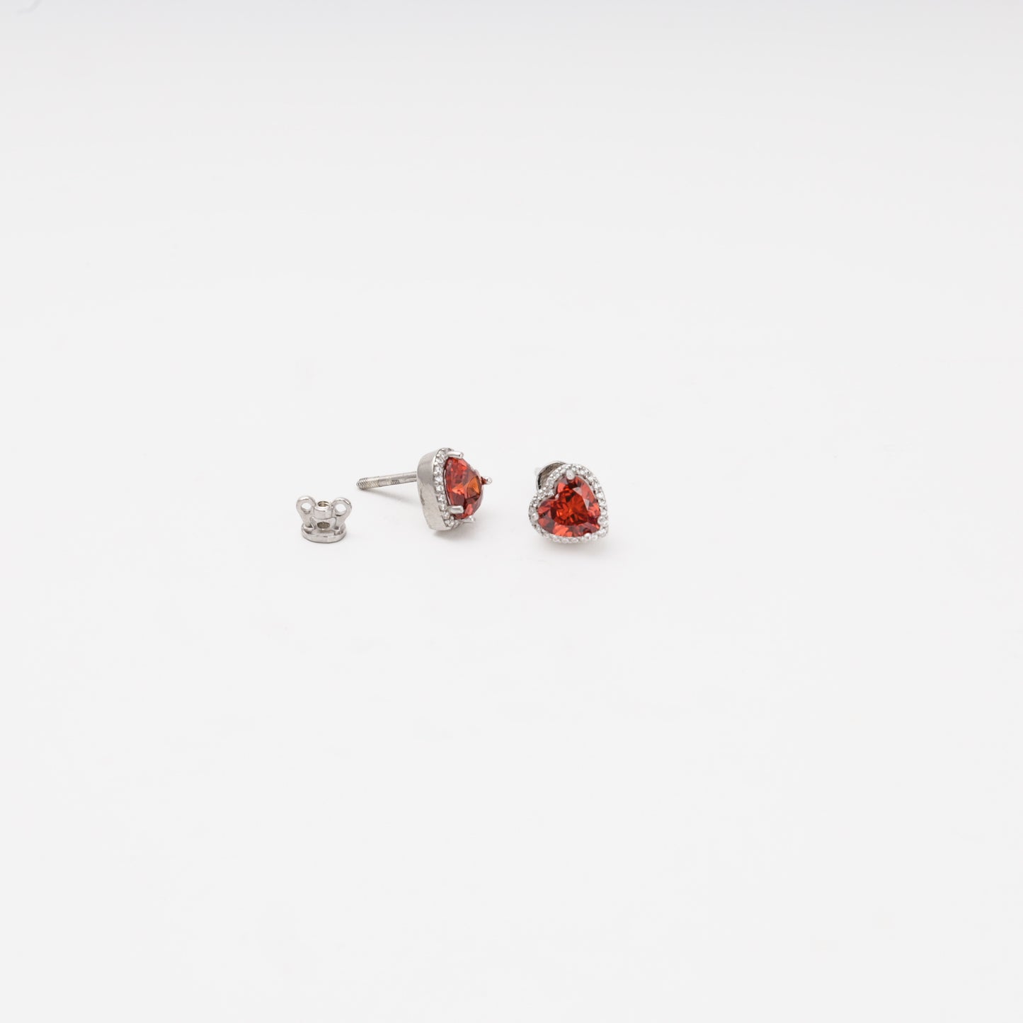 Silver 925 red heart cubic zirconia earrings, side view — Kabluchka