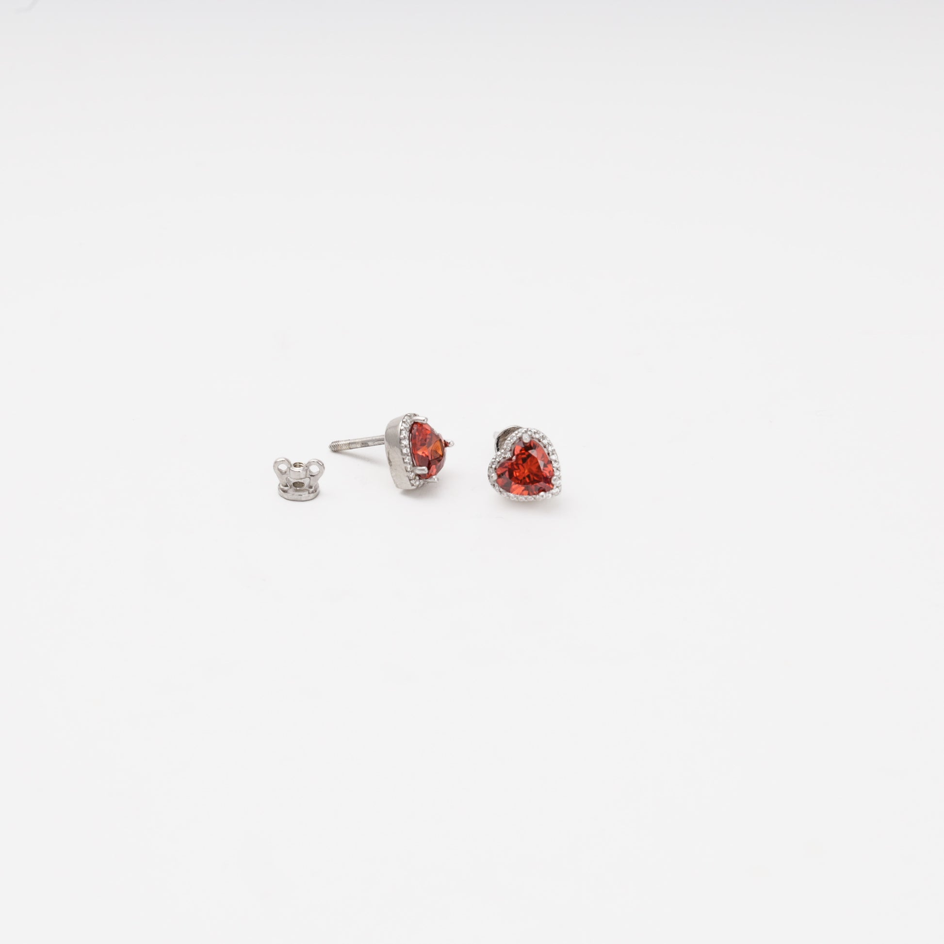 Silver 925 red heart cubic zirconia earrings, side view — Kabluchka