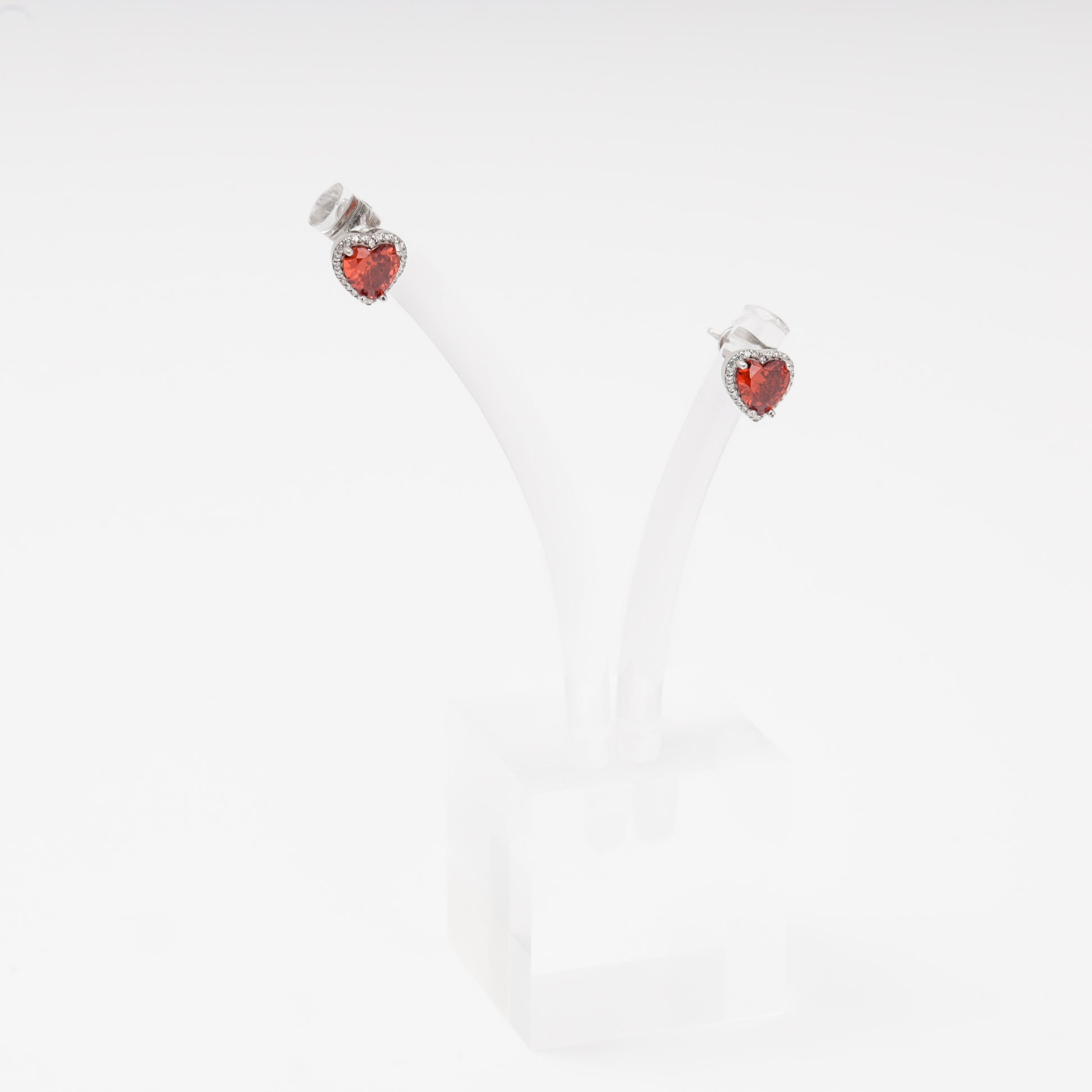 Silver 925 heart stud earrings with red CZ halo — Kabluchka