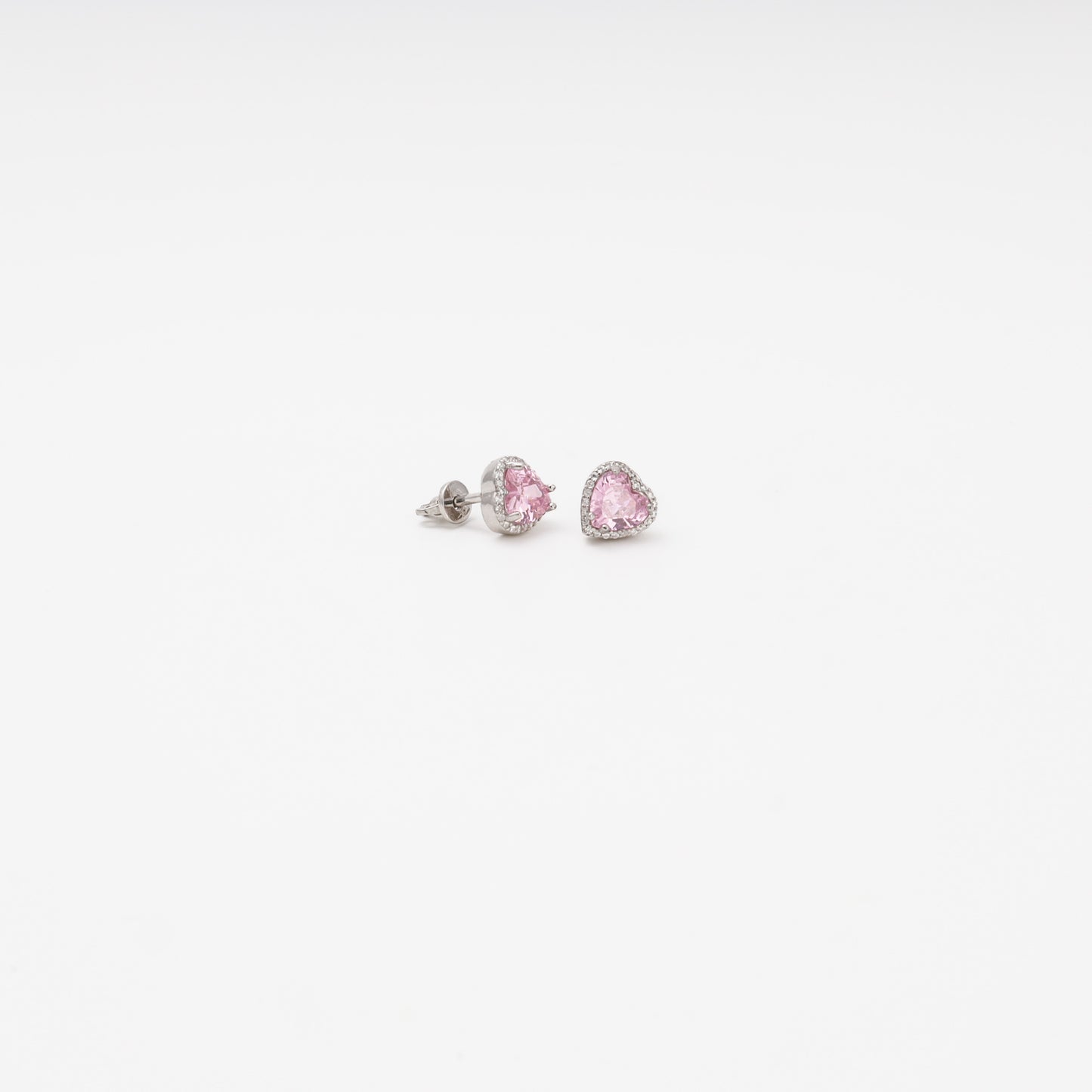 Silver 925 pink heart cubic zirconia earrings, side view — Kabluchka