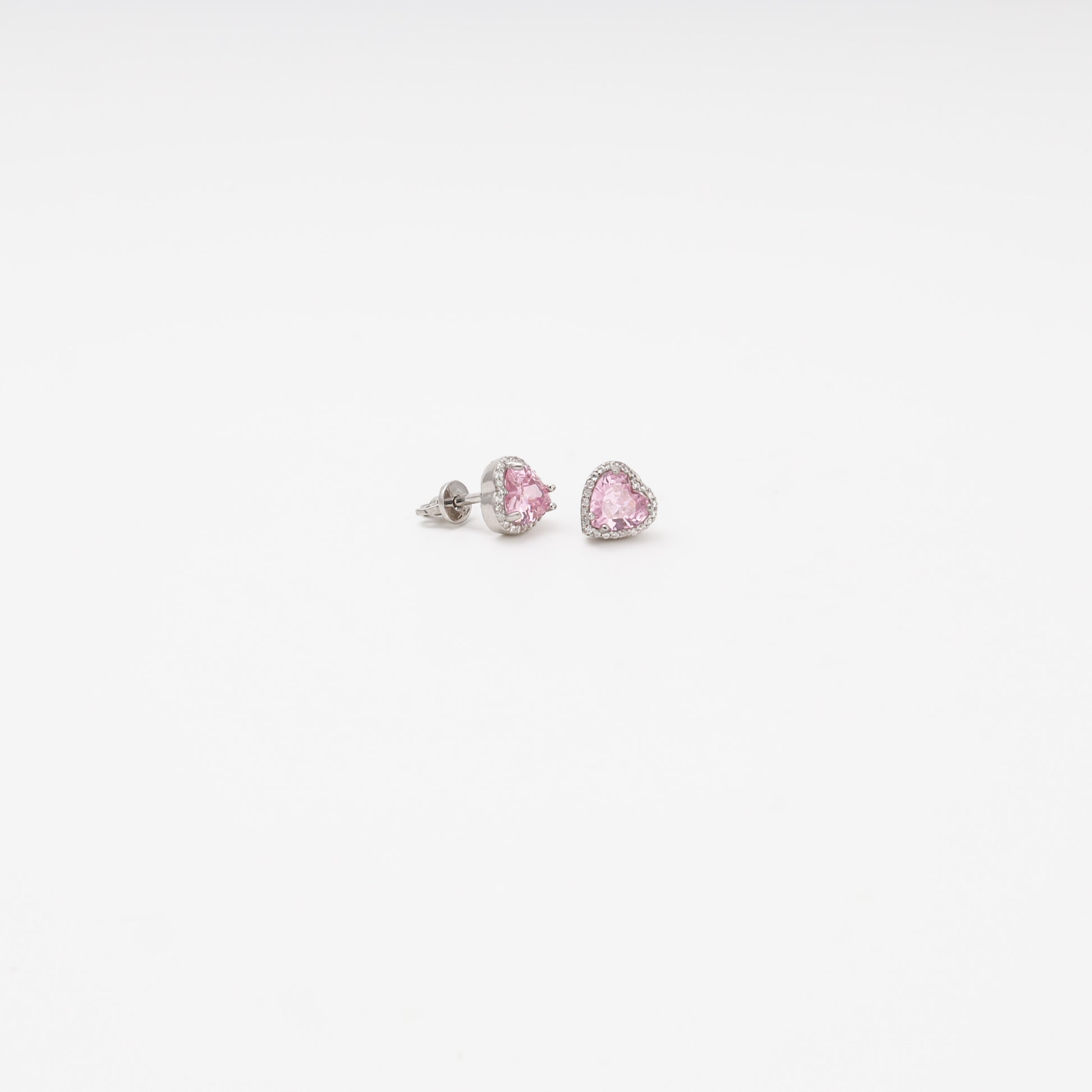 Silver 925 pink heart cubic zirconia earrings, side view — Kabluchka