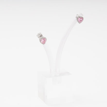 Pink cubic zirconia heart stud earrings in silver 925 — Kabluchka
