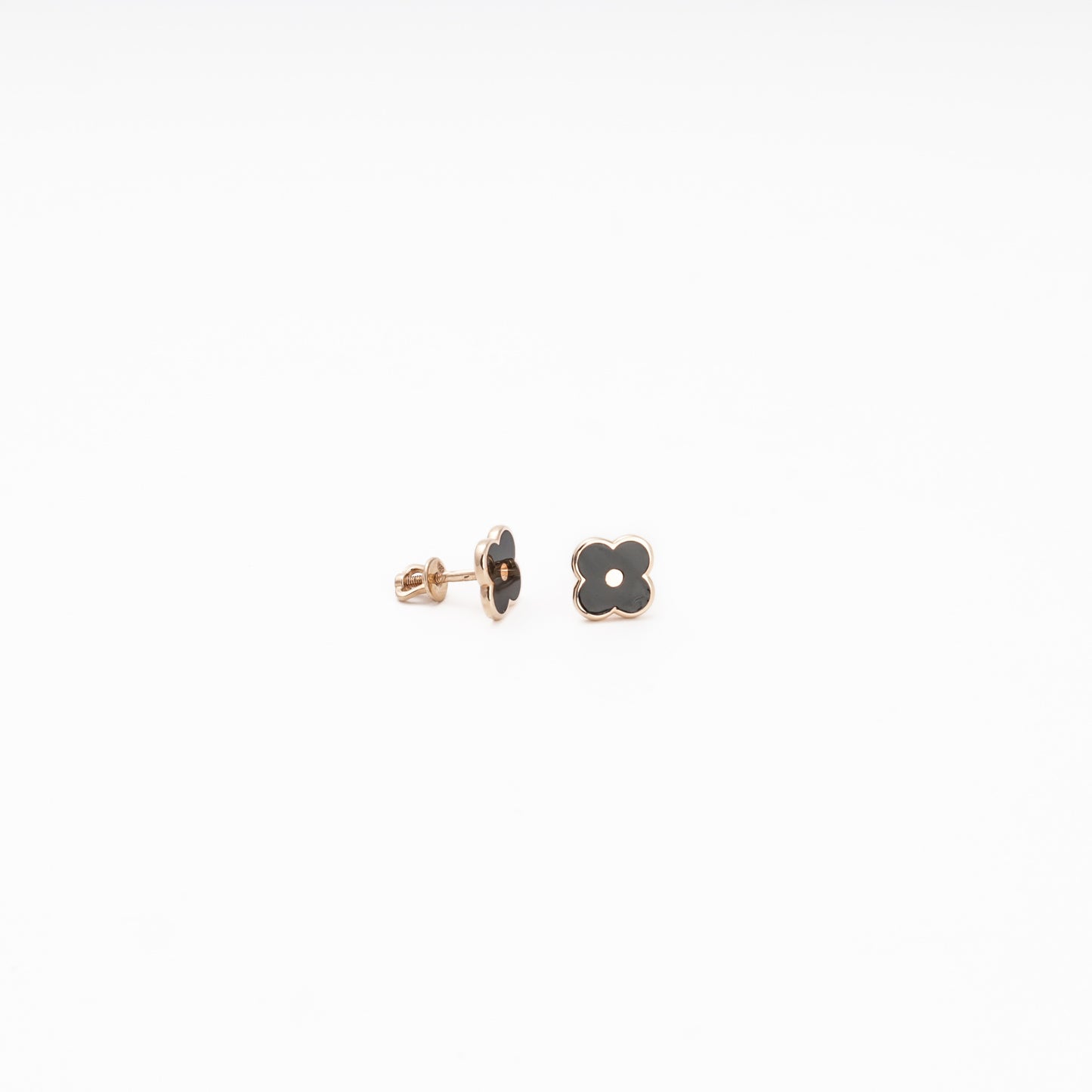 Rose gold 585 clover stud earrings with black enamel — Kabluchka