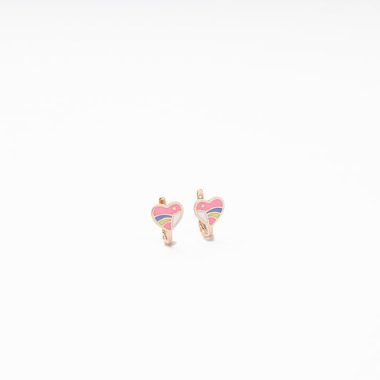 Children's rose gold 585 heart earrings with rainbow enamel, front view — Kabluchka