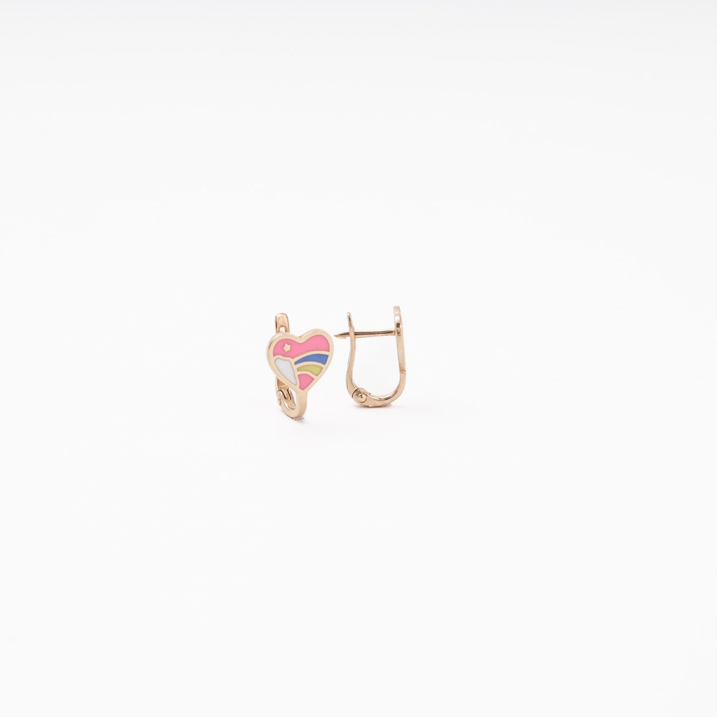 Children's rose gold heart earrings with rainbow enamel showing English lock, front and side — Kabluchka
